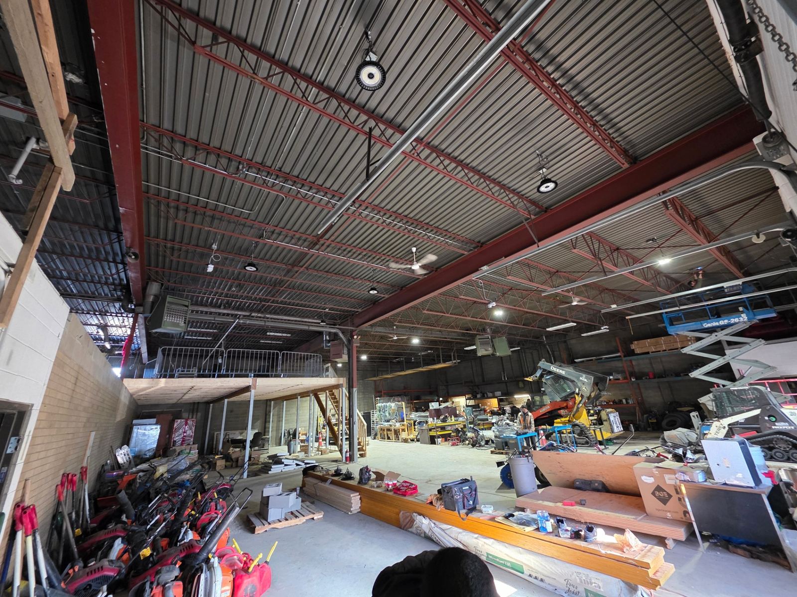High-bay LED lighting upgrade inside a large commercial shop