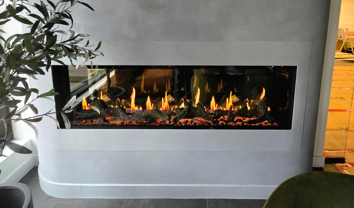 Modern linear electric fireplace installation